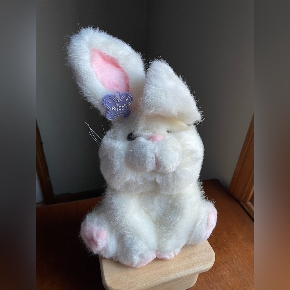 Vtg Russ Berrie Bumper the Bunny Rabbit White & Pink Stuffed Animal Plush 12"